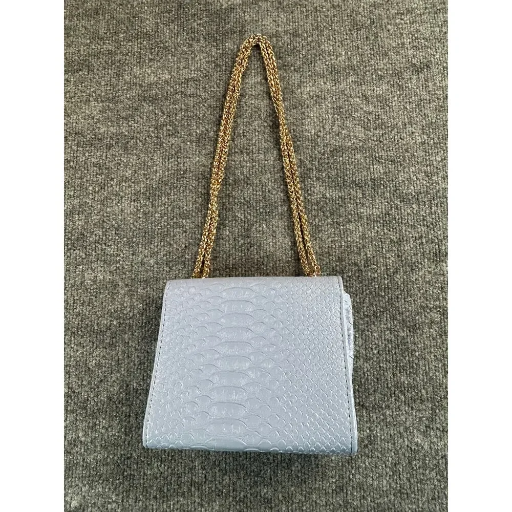 Womens Light Blue Croc Embossed Crossbody Shoulder Bag Gold Chain Purse Small - Picture 3 of 9